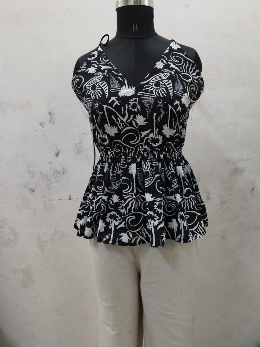 Black Printed Cotton Short Peplum Top (Pre-Order)