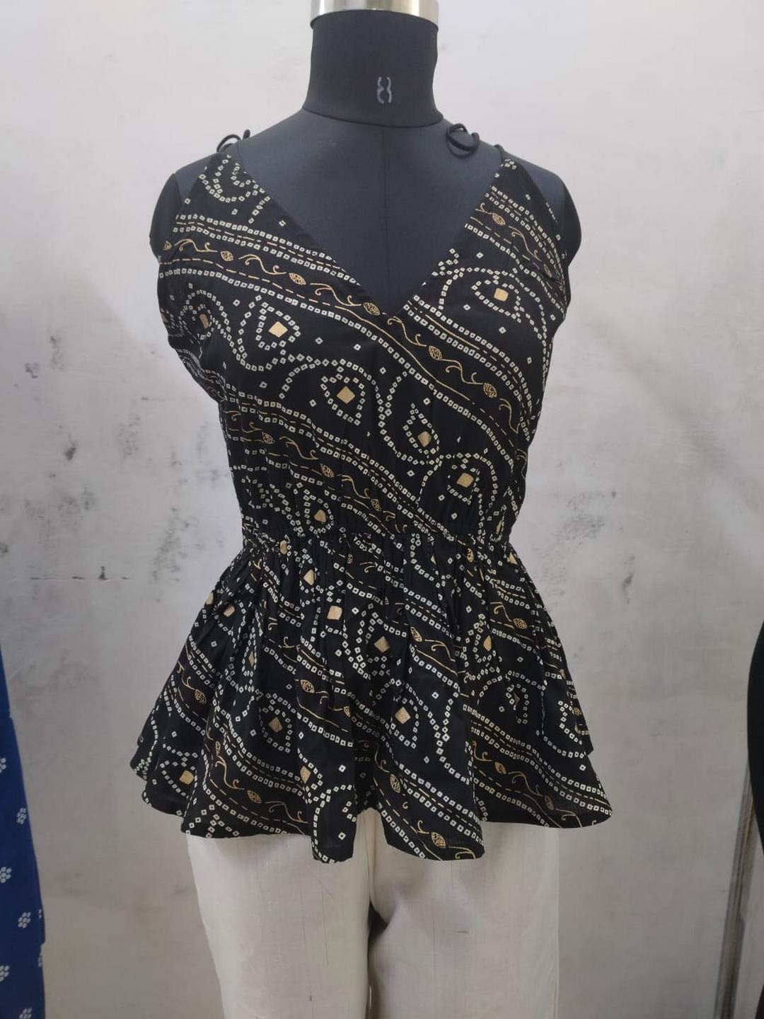 Black Bandhej Printed Rayon Short Peplum Top (Pre-Order)