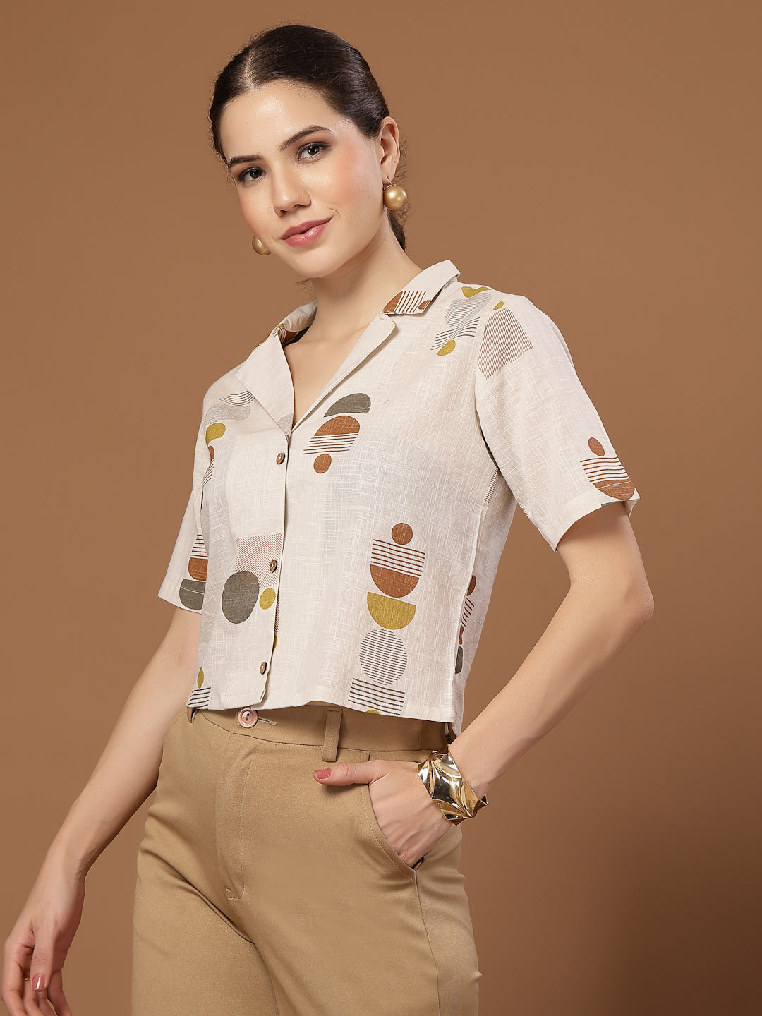 Women's Cream Geometric Printed Cotton Crop Top