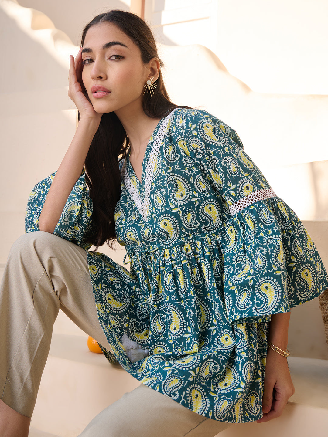Green Paisley Printed Cotton Empire Top
