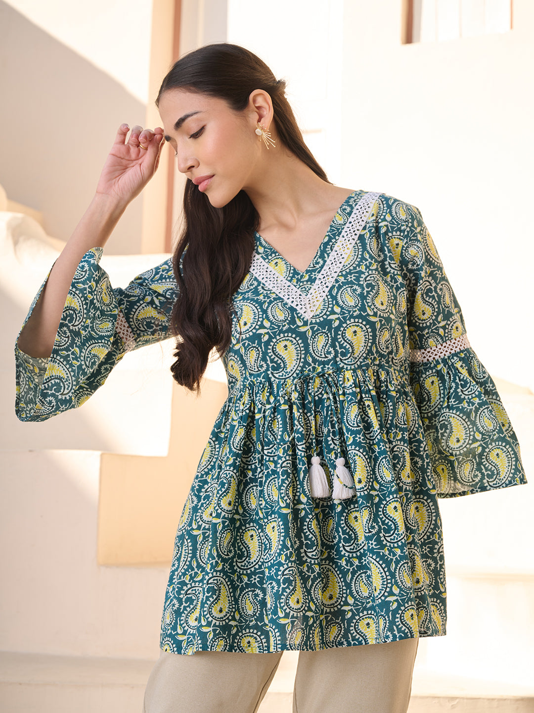 Green Paisley Printed Cotton Empire Top