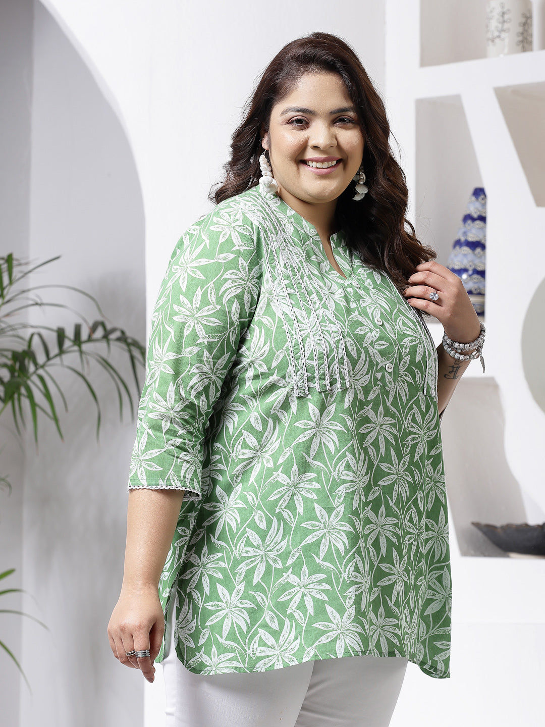 Plus Size Tropical Printed Cotton Empire Top