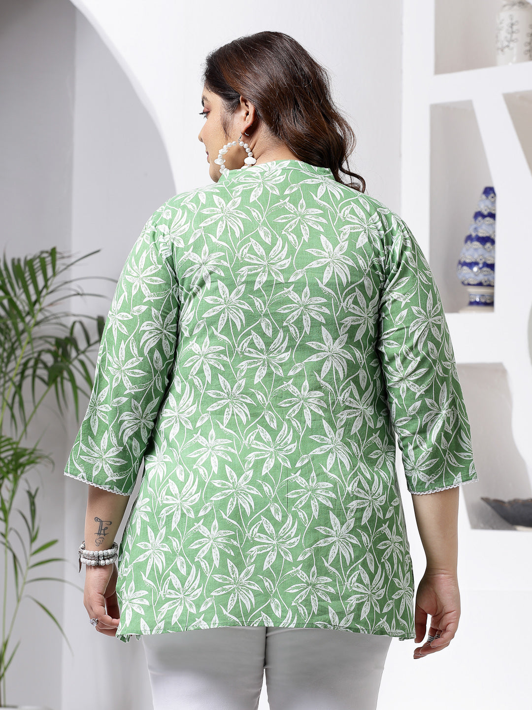 Plus Size Tropical Printed Cotton Empire Top
