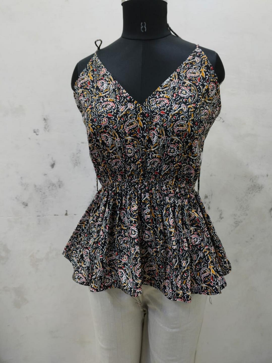 Black Floral Printed Cotton Short Peplum Top (Pre-Order)