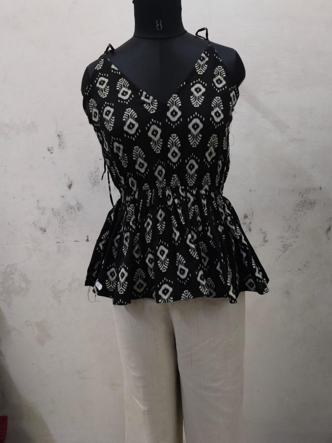 Black Printed Rayon Short Peplum Top Pant Set