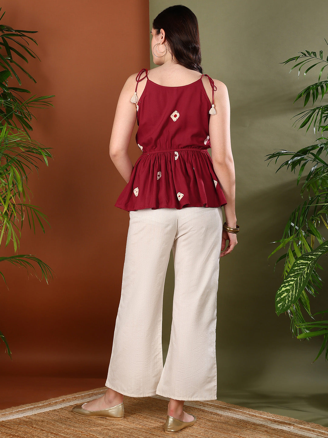 Maroon Bandhej Printed Rayon Short Peplum Top (Pre-Order)
