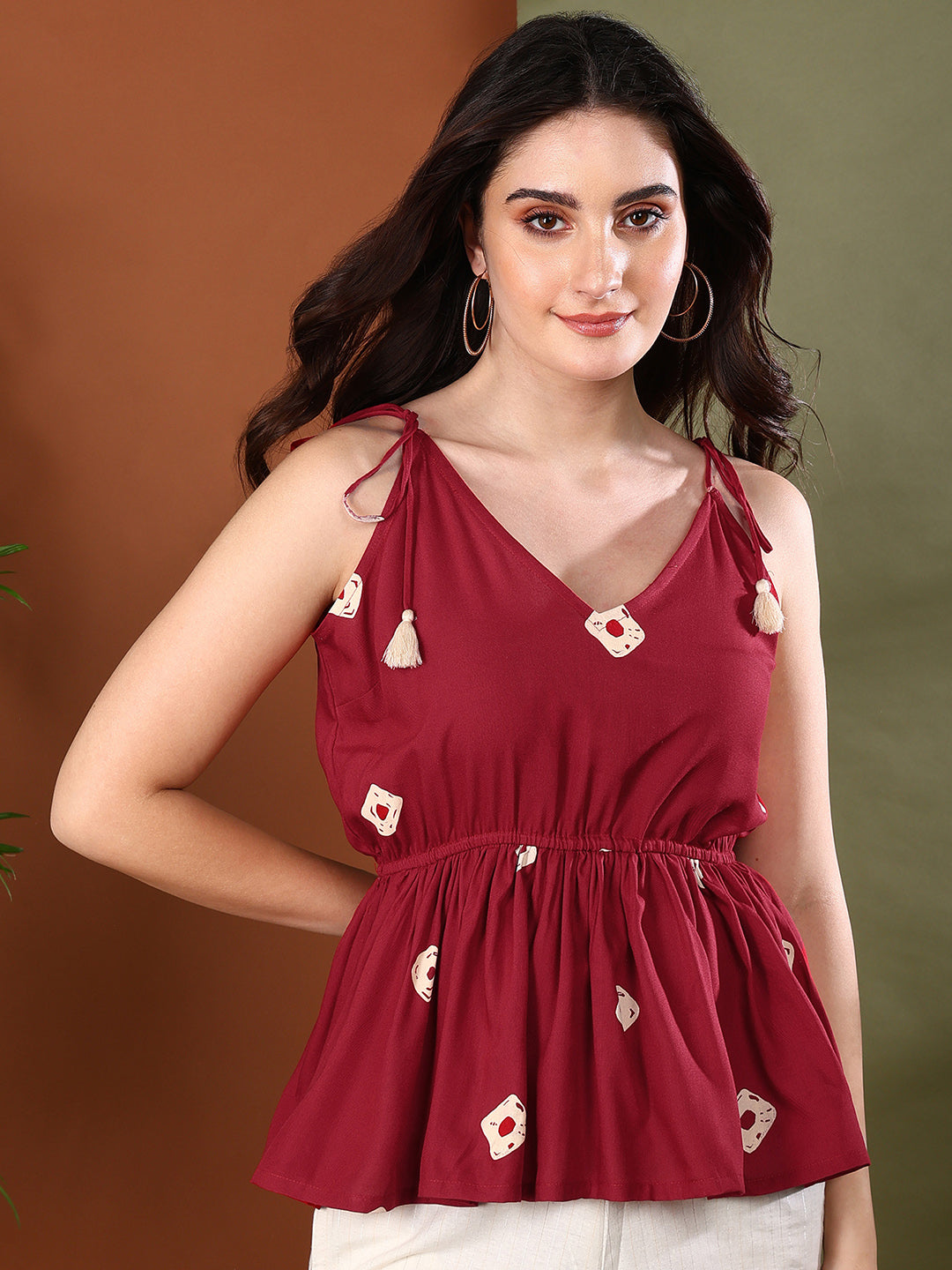 Maroon Bandhej Printed Rayon Short Peplum Top (Pre-Order)