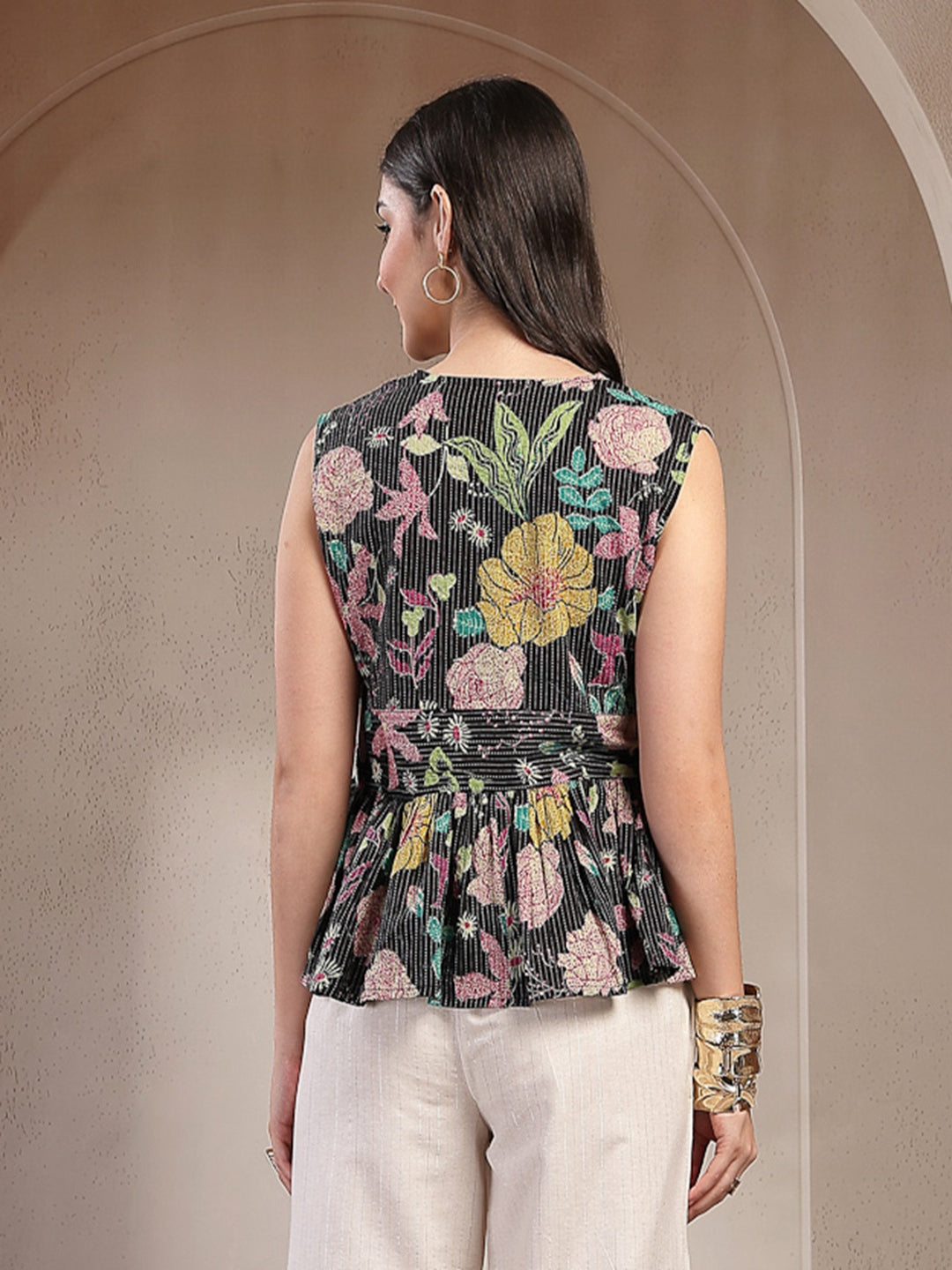 Women's Black Floral Printed Katha Cotton Peplum Tops
