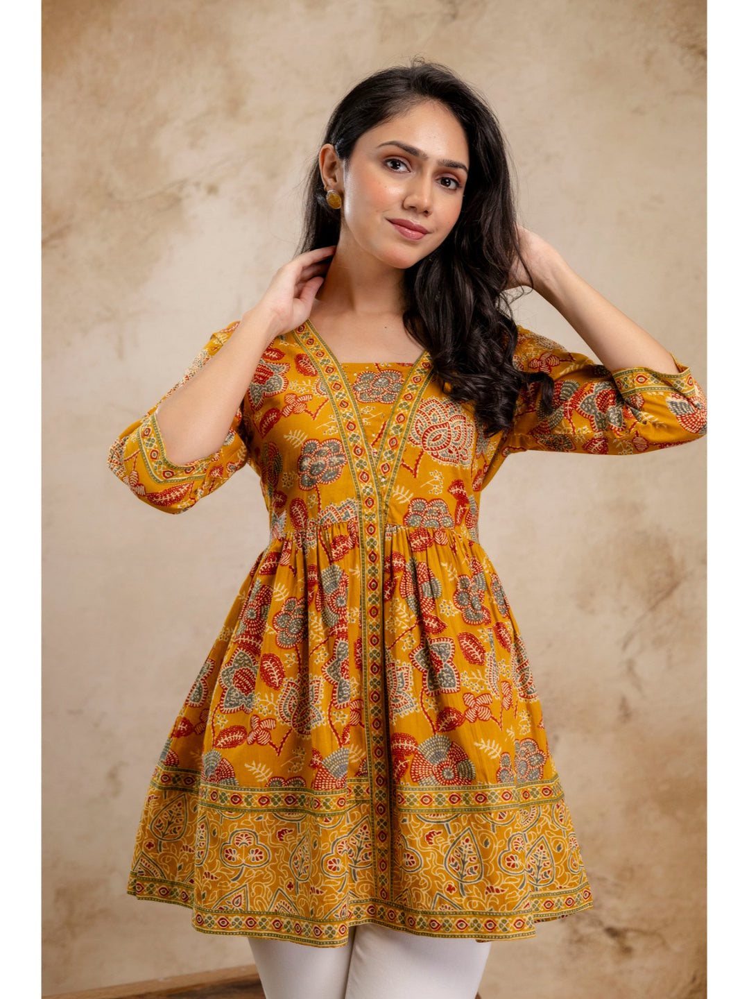 Mustard Floral Printed Cotton Peplum Top