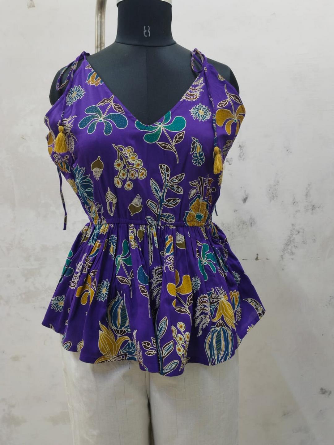 Violet Floral Printed Rayon Short Peplum Top (Pre-Order)