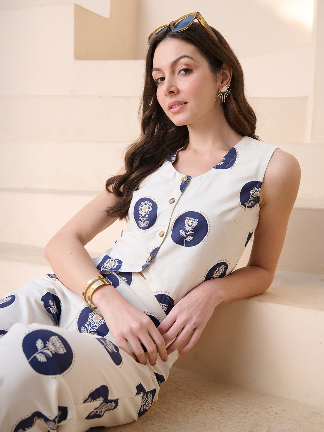 Navy Blue Floral Printed Cotton Flex Peplum Top (Pre-Order)