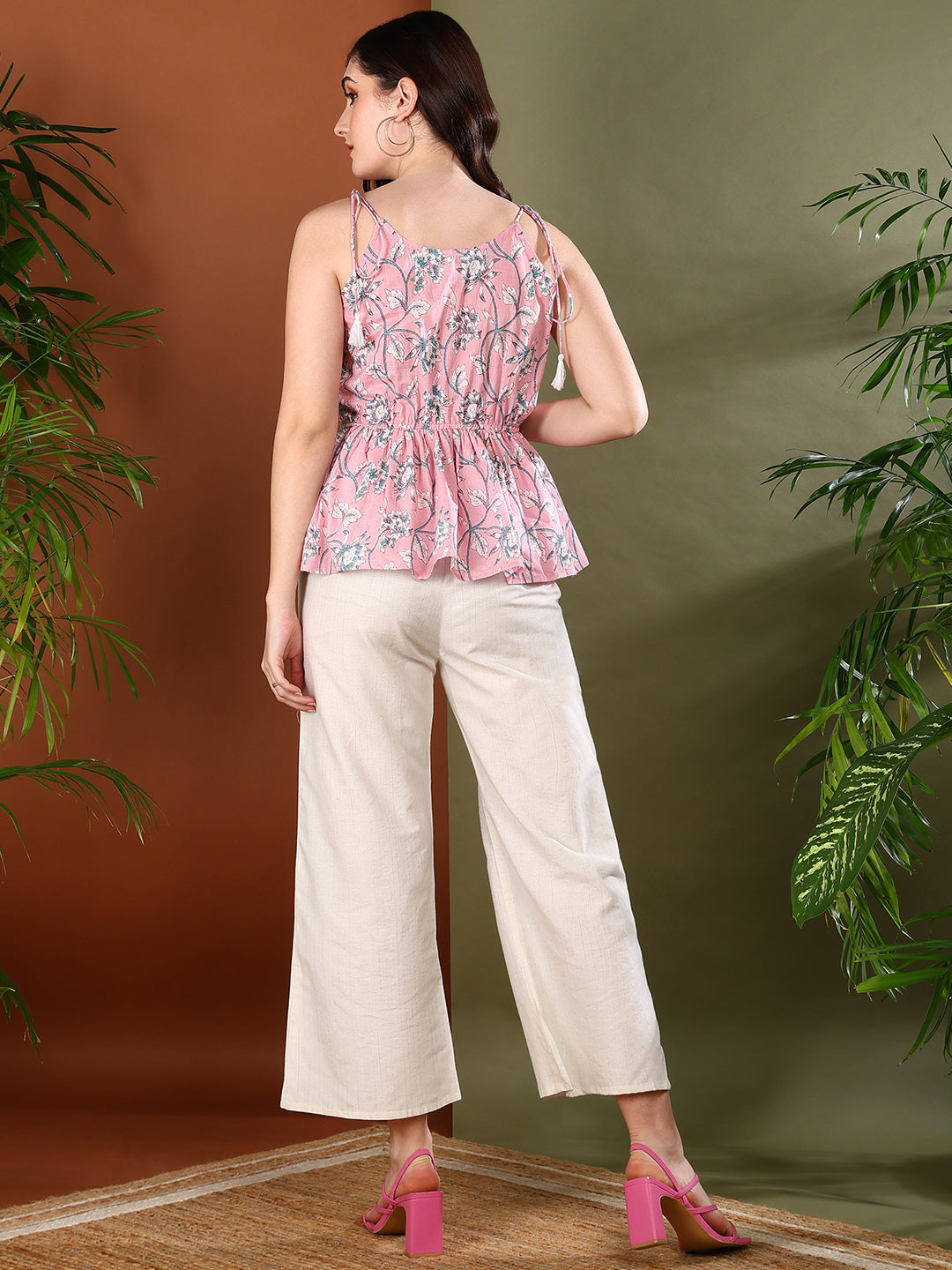 Pink Ethnic Printed Cotton Short Peplum Top