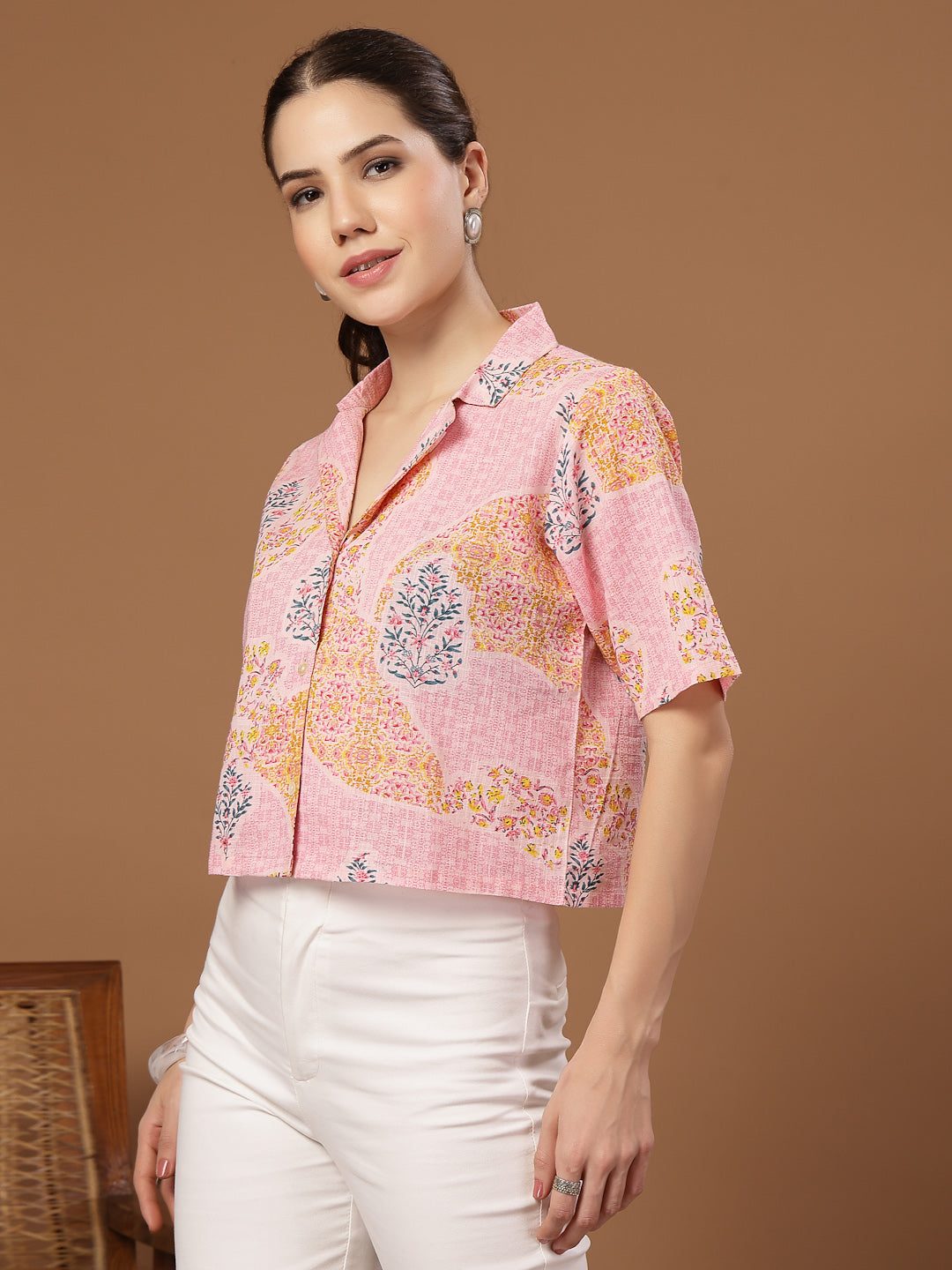 Women's Pink Buti Printed Cotton Crop Top