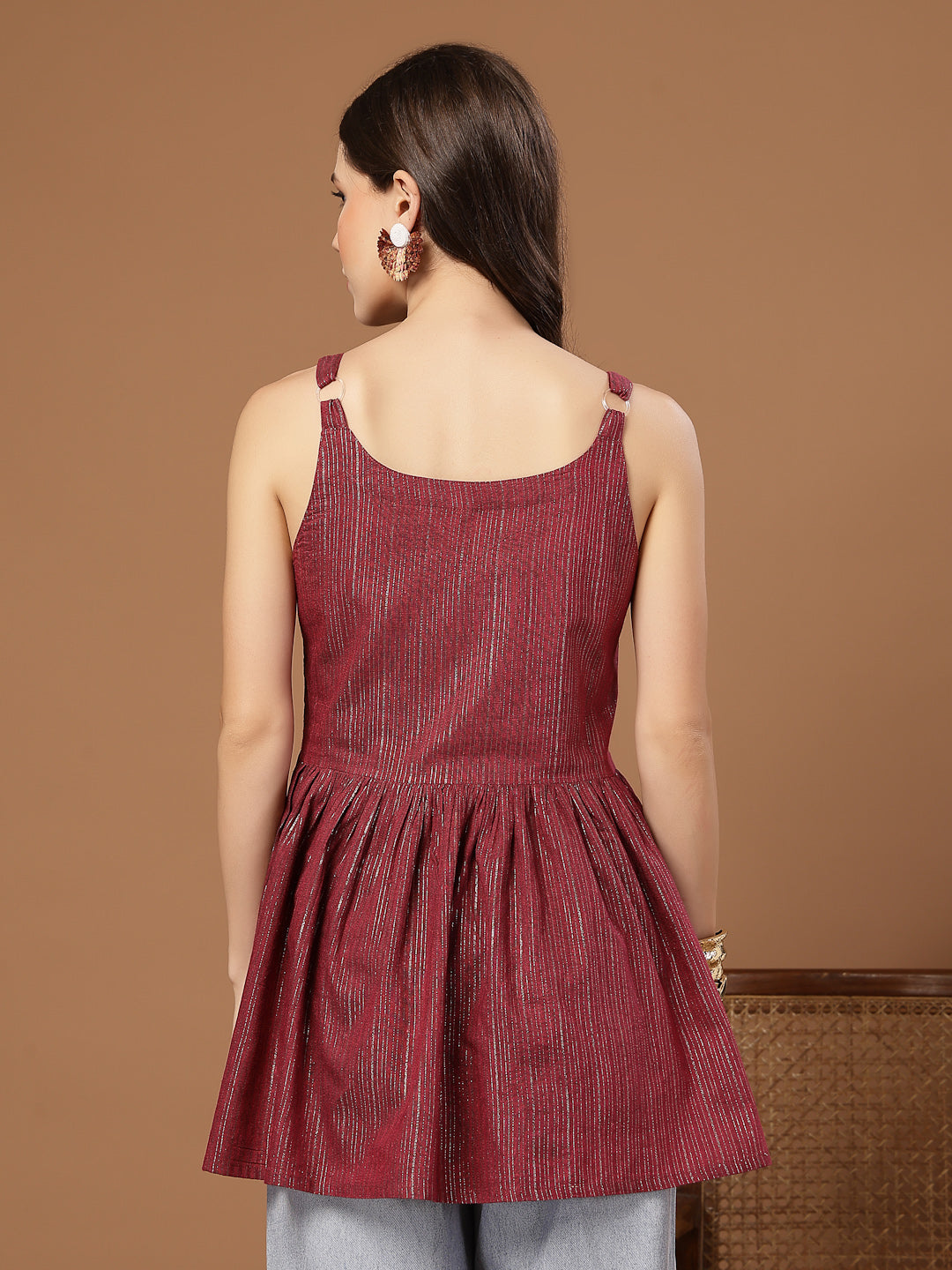 Women's Pink Woven Design Shimmer Lurex Cotton Empire Top