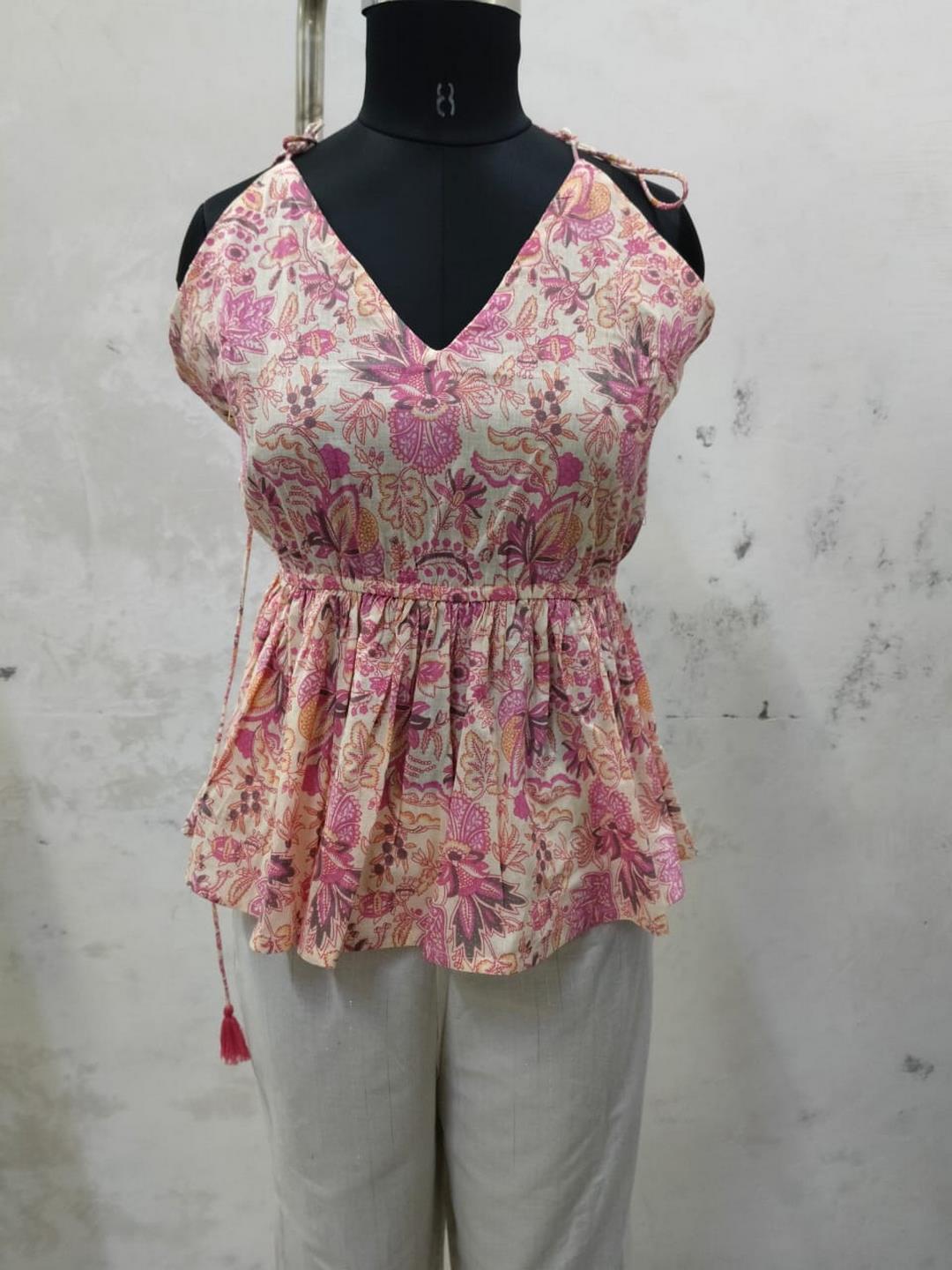 Pink Floral Printed Cotton Short Peplum Top