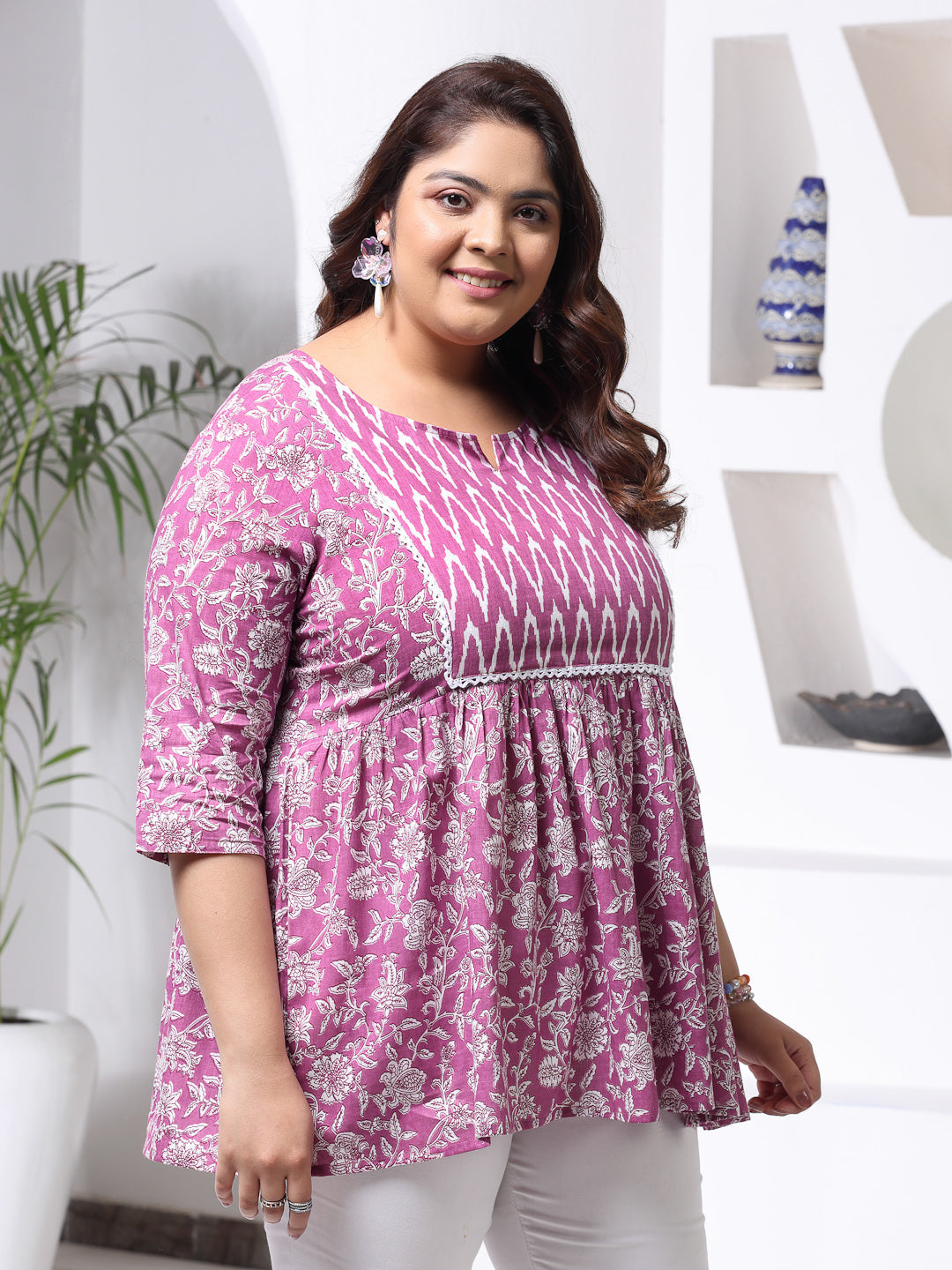 Plus Size Floral Printed Cotton Peplum Top