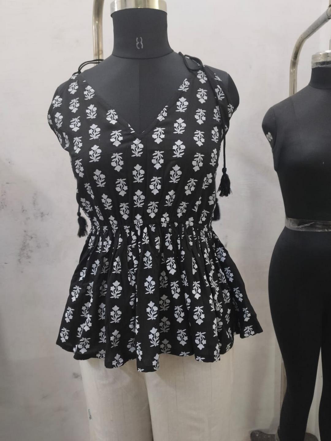 Black Floral Printed Rayon Short Peplum Top (Pre-Order)