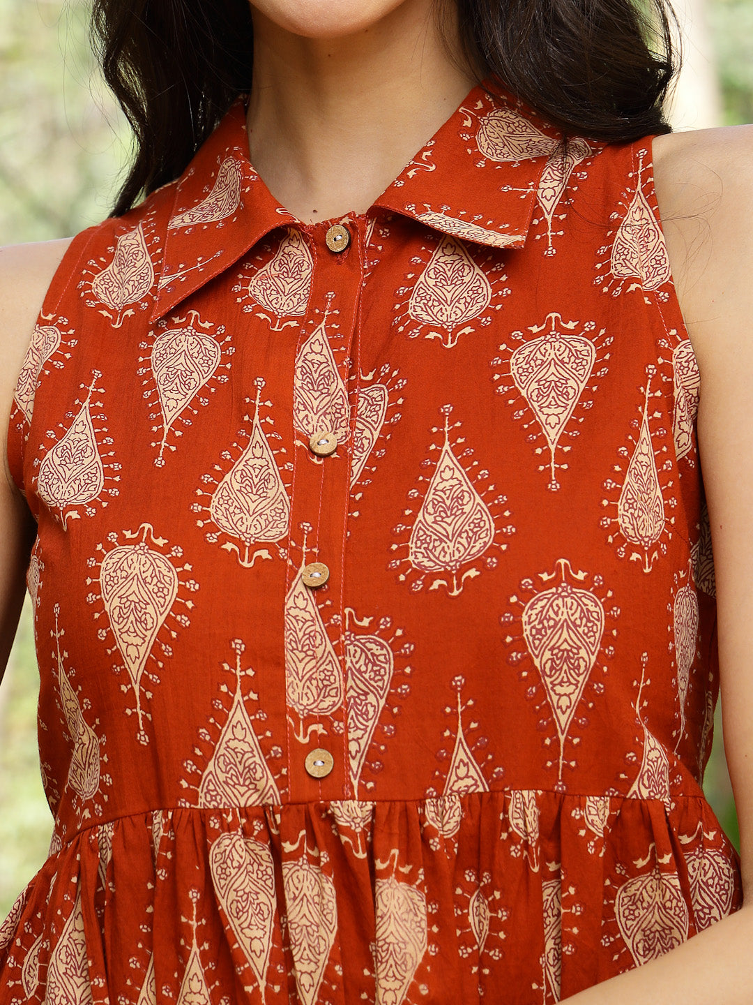 Rust Ethnic Printed Cotton Peplum Top
