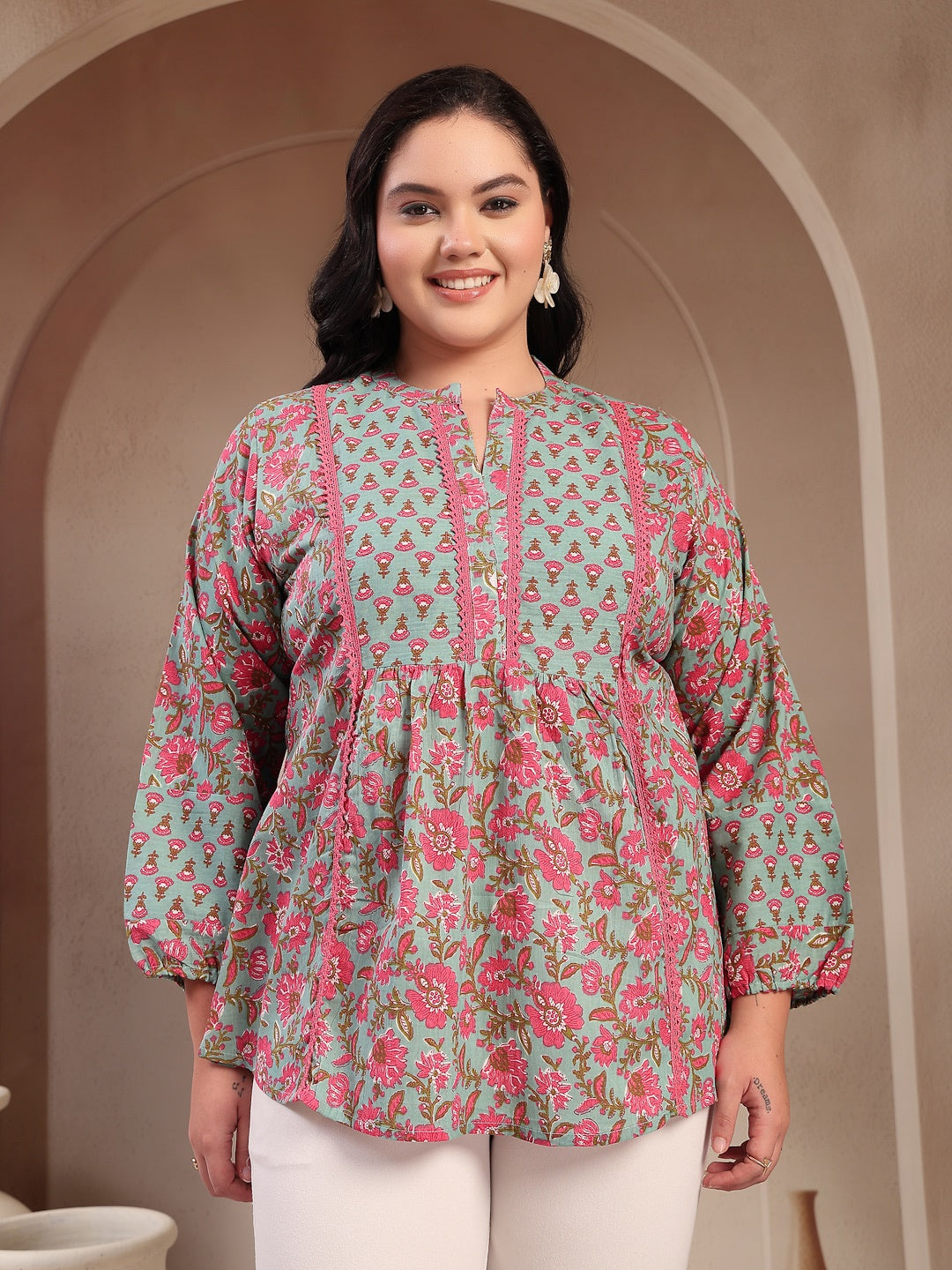 Plus Size Sky Blue Printed Cotton Top