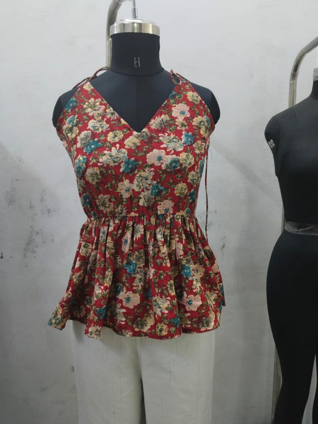 Red Floral Printed Rayon Short Peplum Top