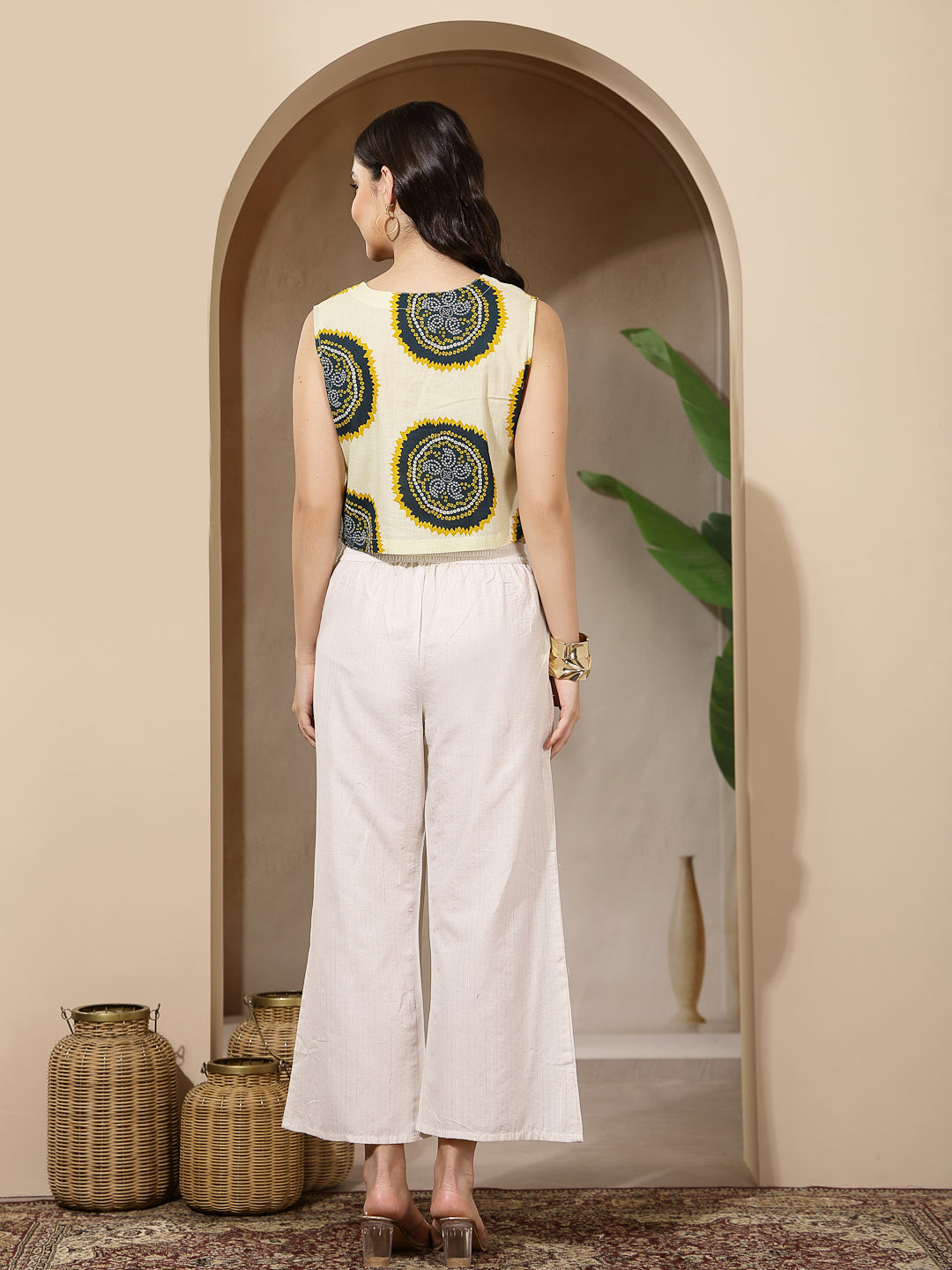 Women's Cream Bandhani Printed Cotton Vest Top