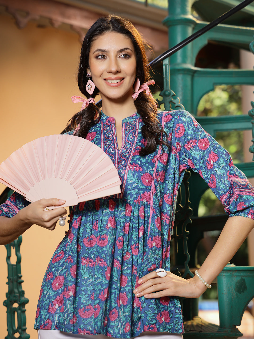 Turquoise Floral Printed Cotton Top