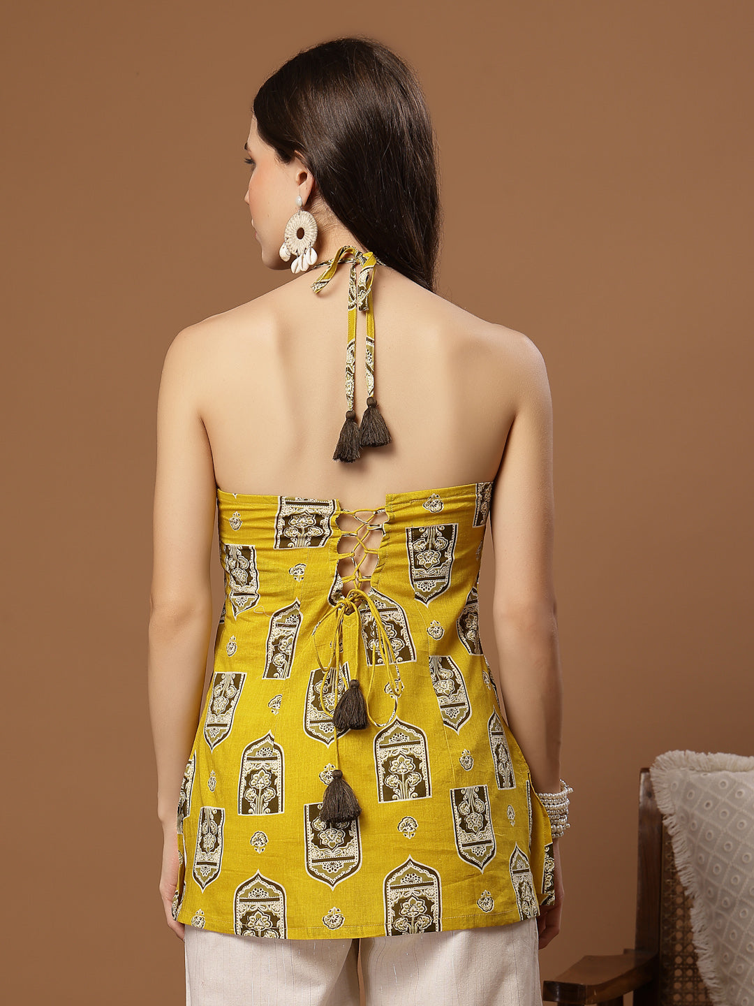 Women's Yellow Ethnic Printed Cotton Straight Top