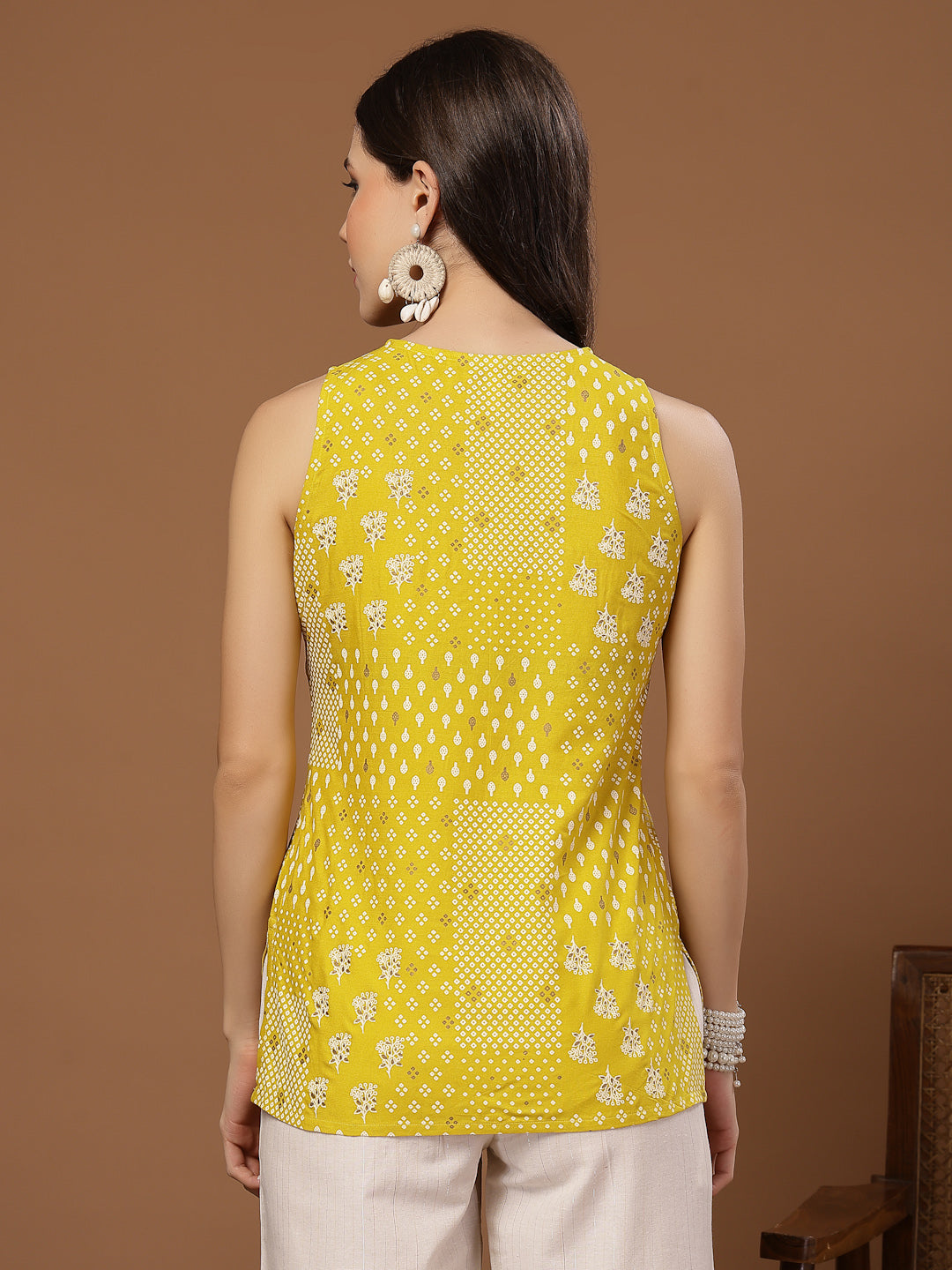 Women's Yellow Geometric Printed Rayon Straight Top