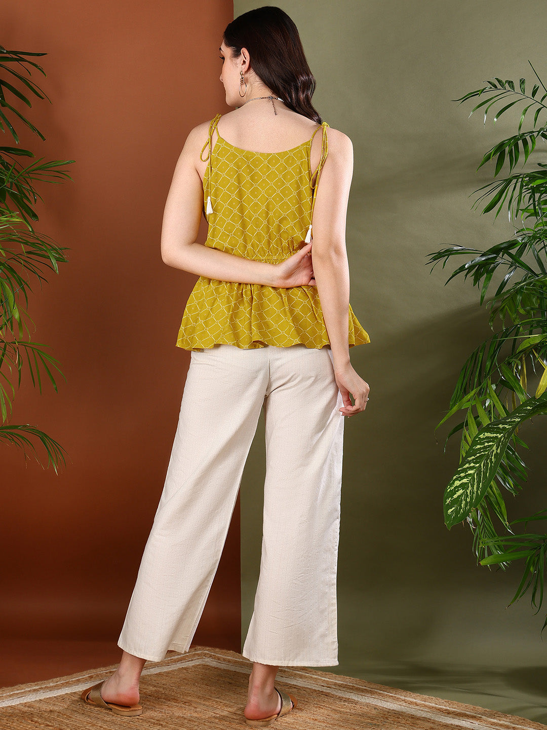 Yellow Geometric Printed Rayon Short Peplum Top (Pre-Order)