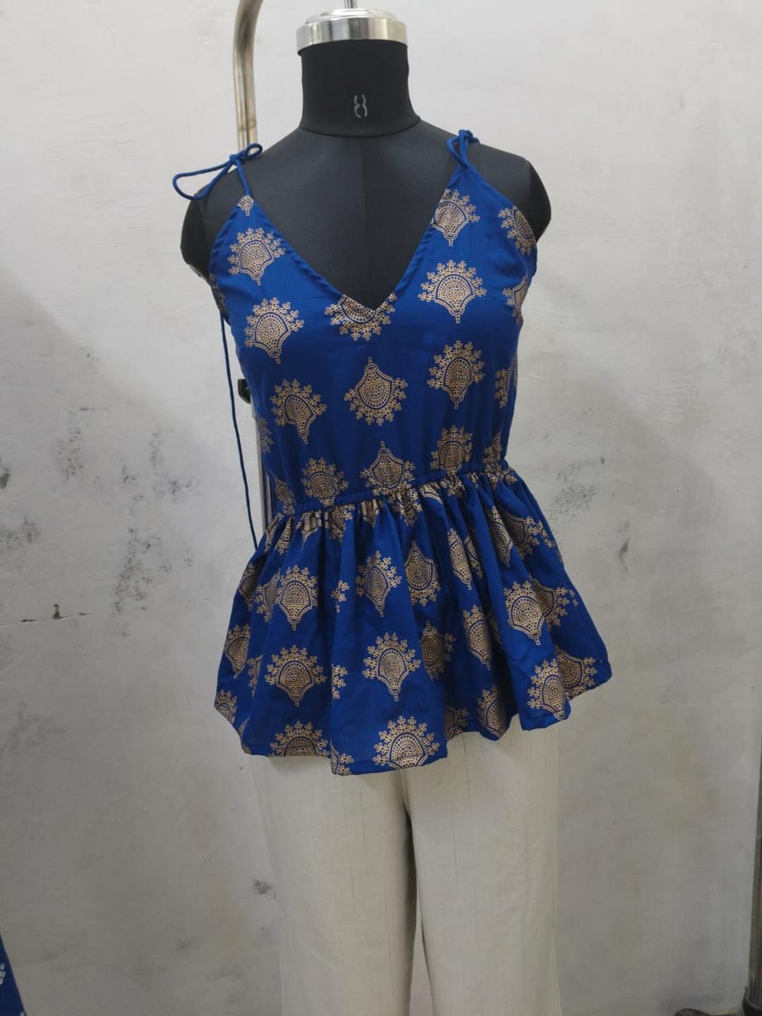 Blue Printed Rayon Short Peplum Top (Pre-Order)