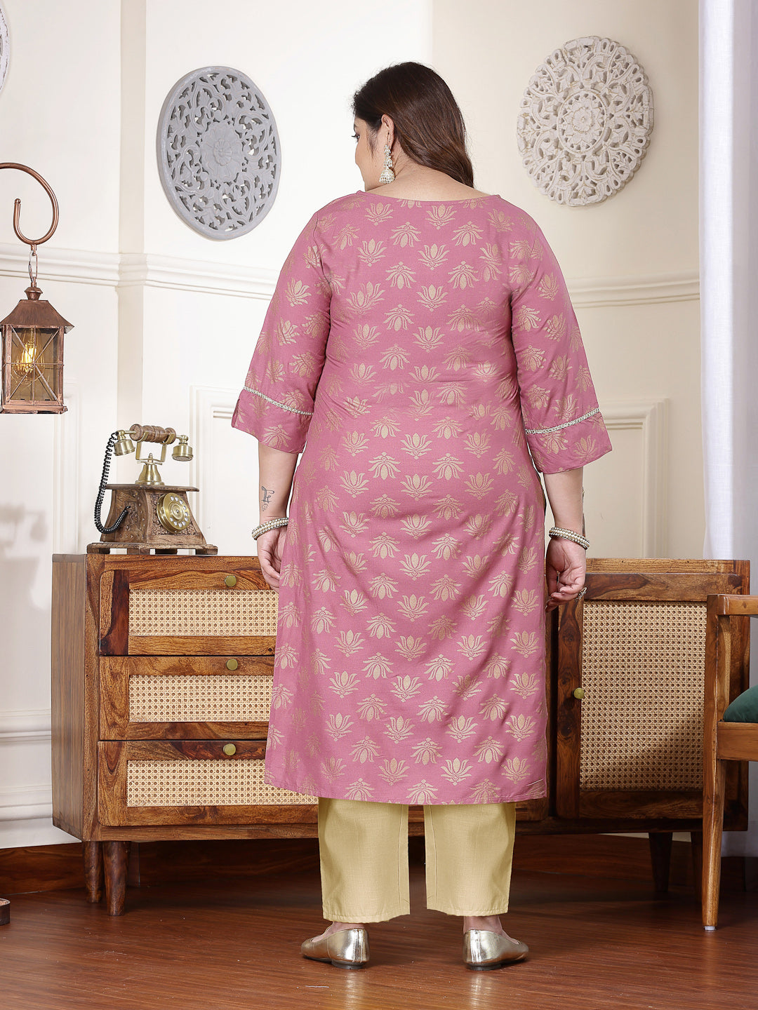 Plus Size Gold Printed Rayon Straight Kurta