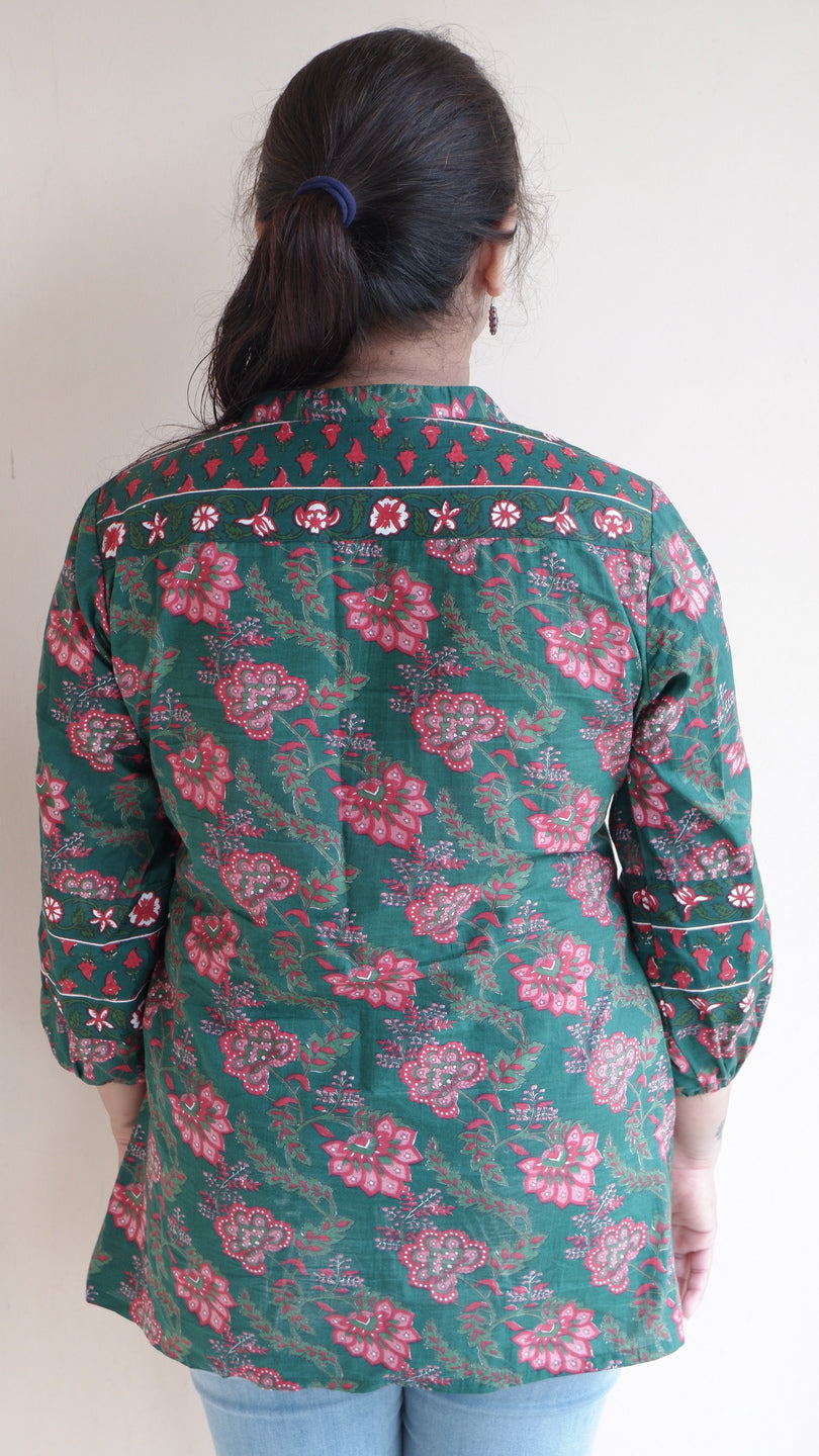 Printed Mandarin Collar Three-Quarter Sleeves Top (kimayra)