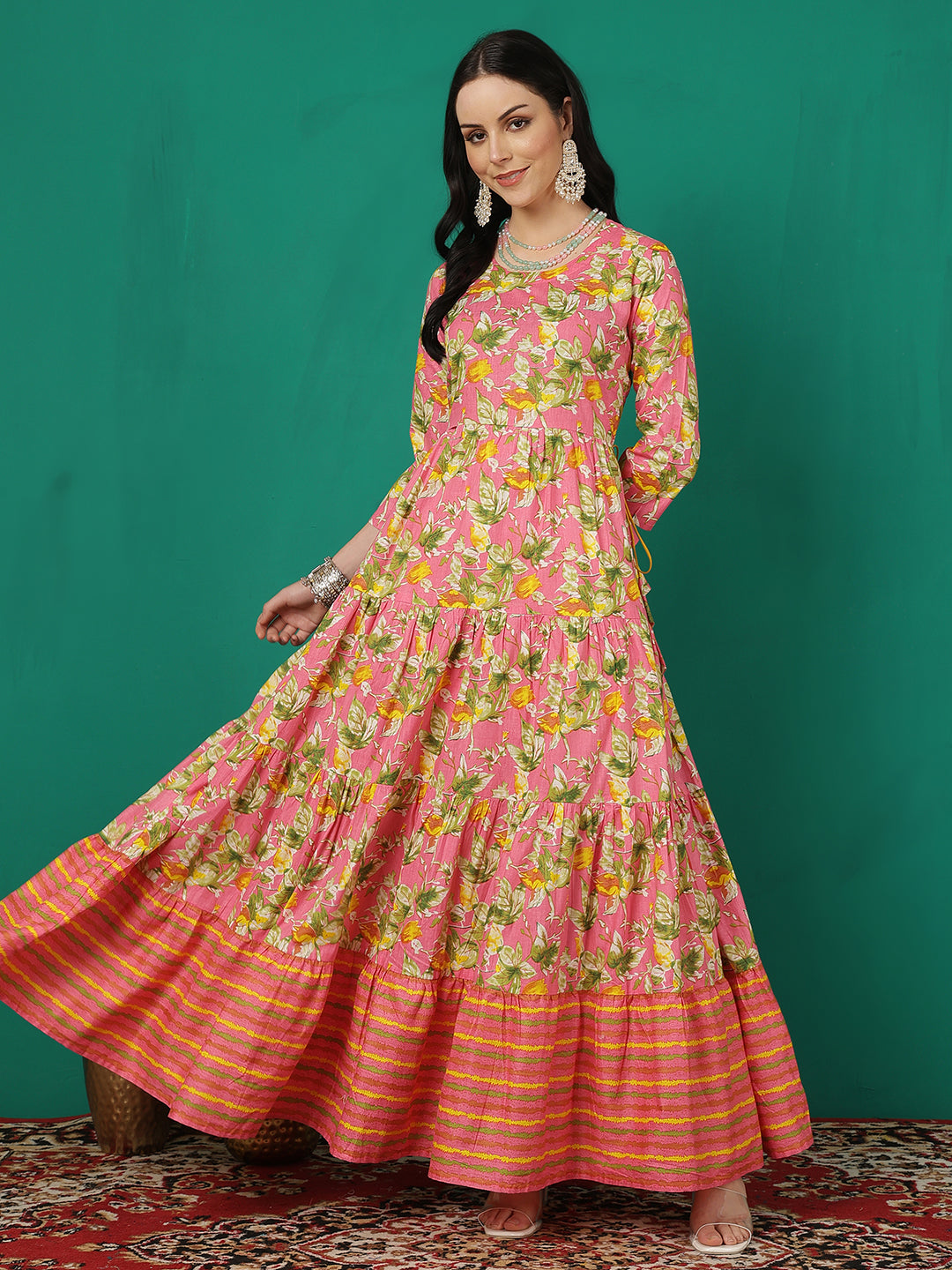 Women Rayon Printed Ankle Length Round Neck Tiered Kurta