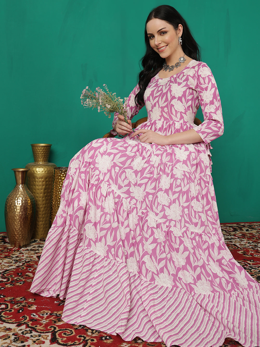 Women Rayon Printed Ankle Length Round Neck Tiered Kurta