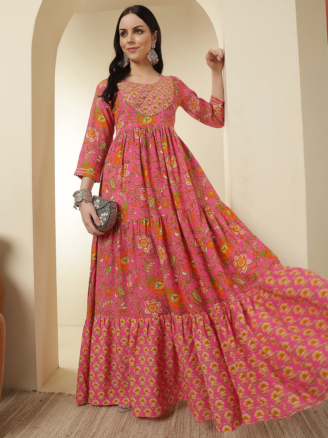 Women Rayon Printed Ankle Length Round Neck Tiered Kurta