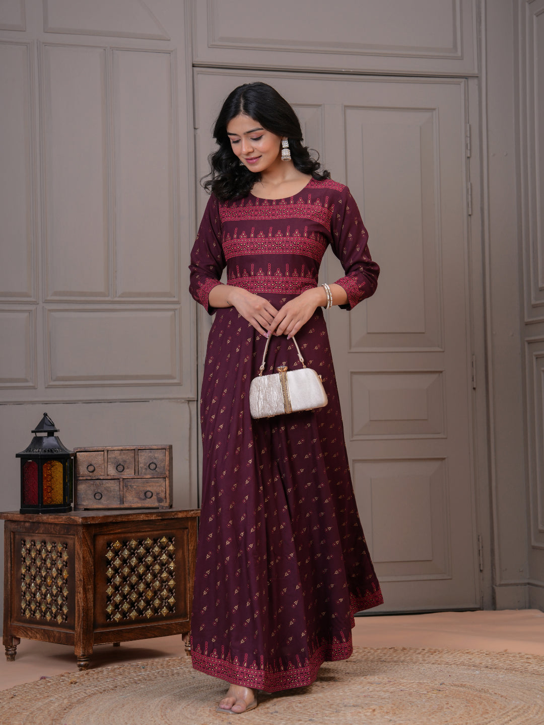 Women Cotton Printed Ankle Length Round Neck Anarkali Kurta