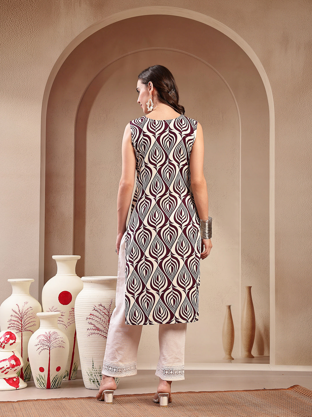 Wine Printed Rayon Straight Kurta