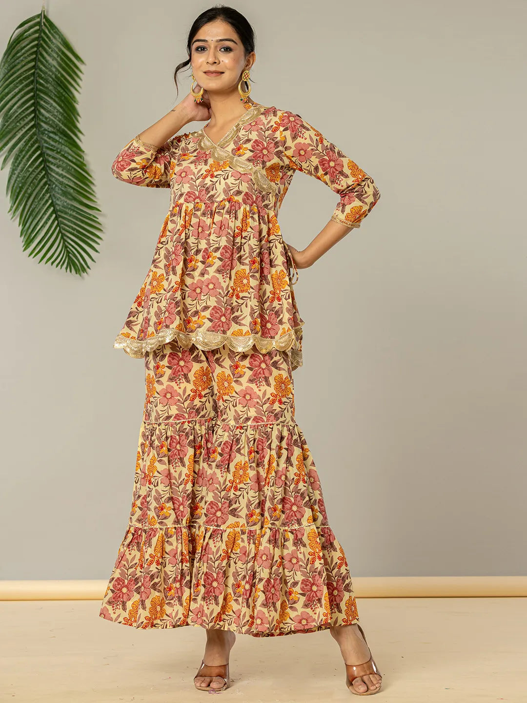 Beige Cotton Peplum Sharara Co Ord Set