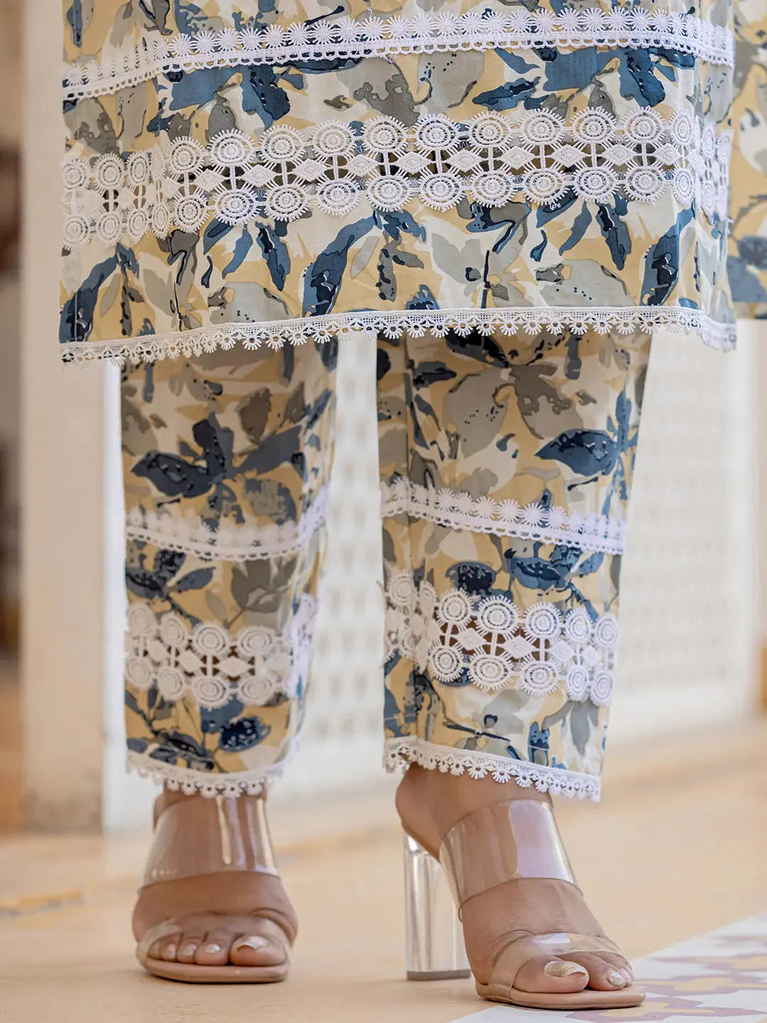 Beige Leaf Print Straight Pakistani Style Kurta Trouser And Dupatta Set