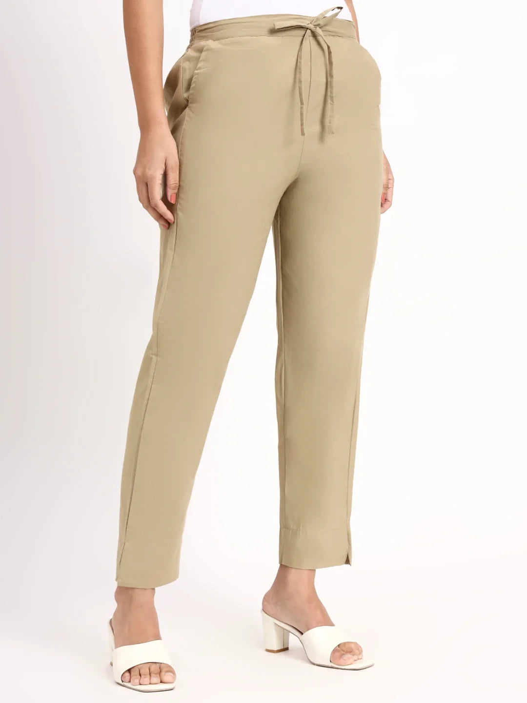 Mid-Rise Ankle-Length Regular Fit Poplin Pants