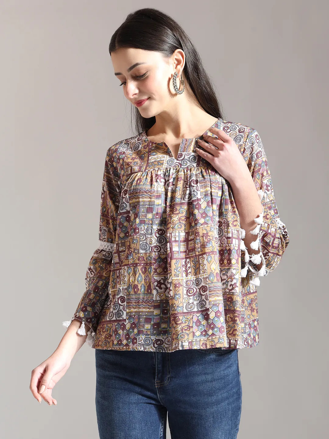 Beige Pure Cotton Geometric Gathered Or Pleated Top