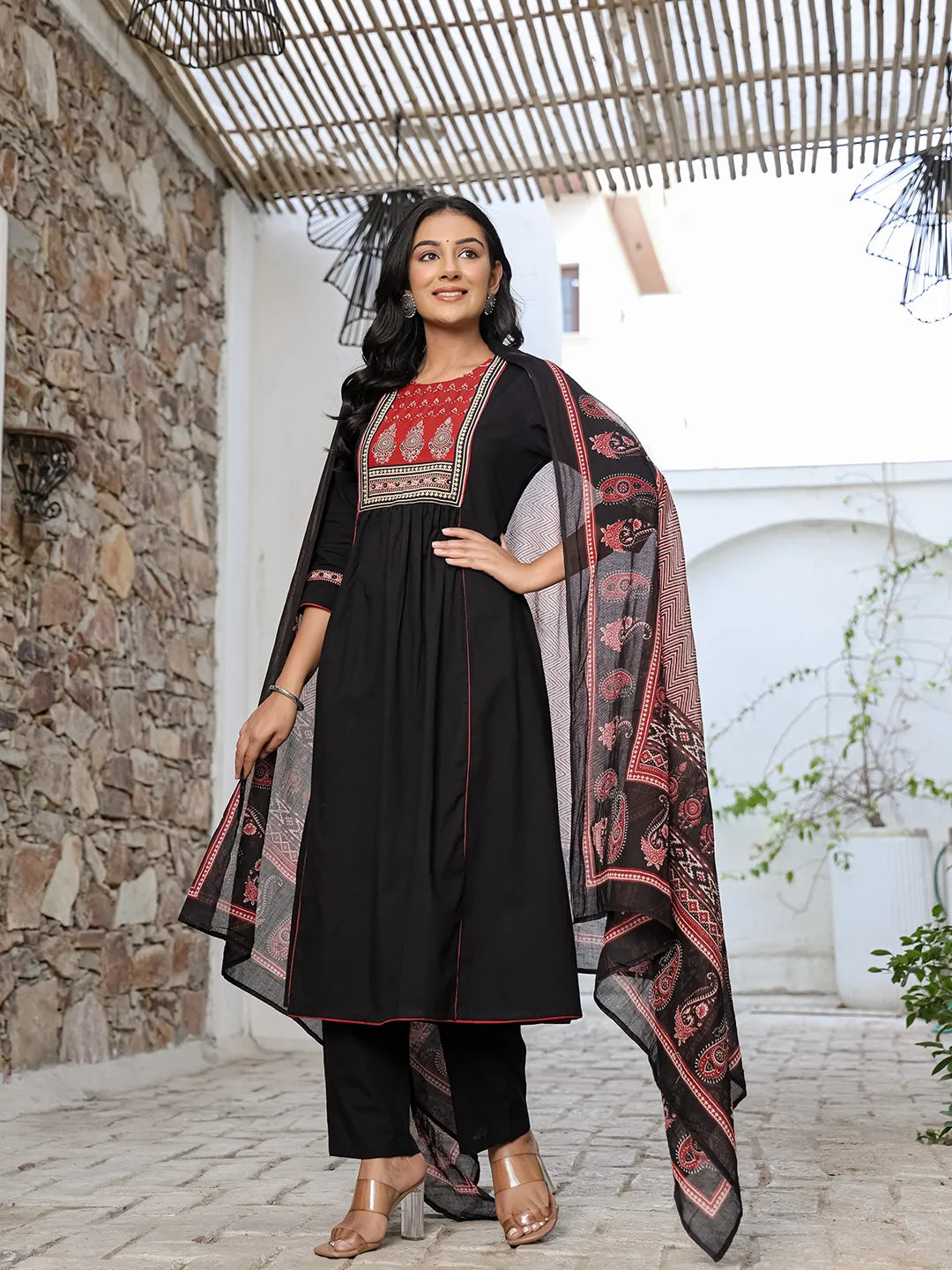 Black Cotton A Line Gathered Or Pleated Kurta Dupatta Set