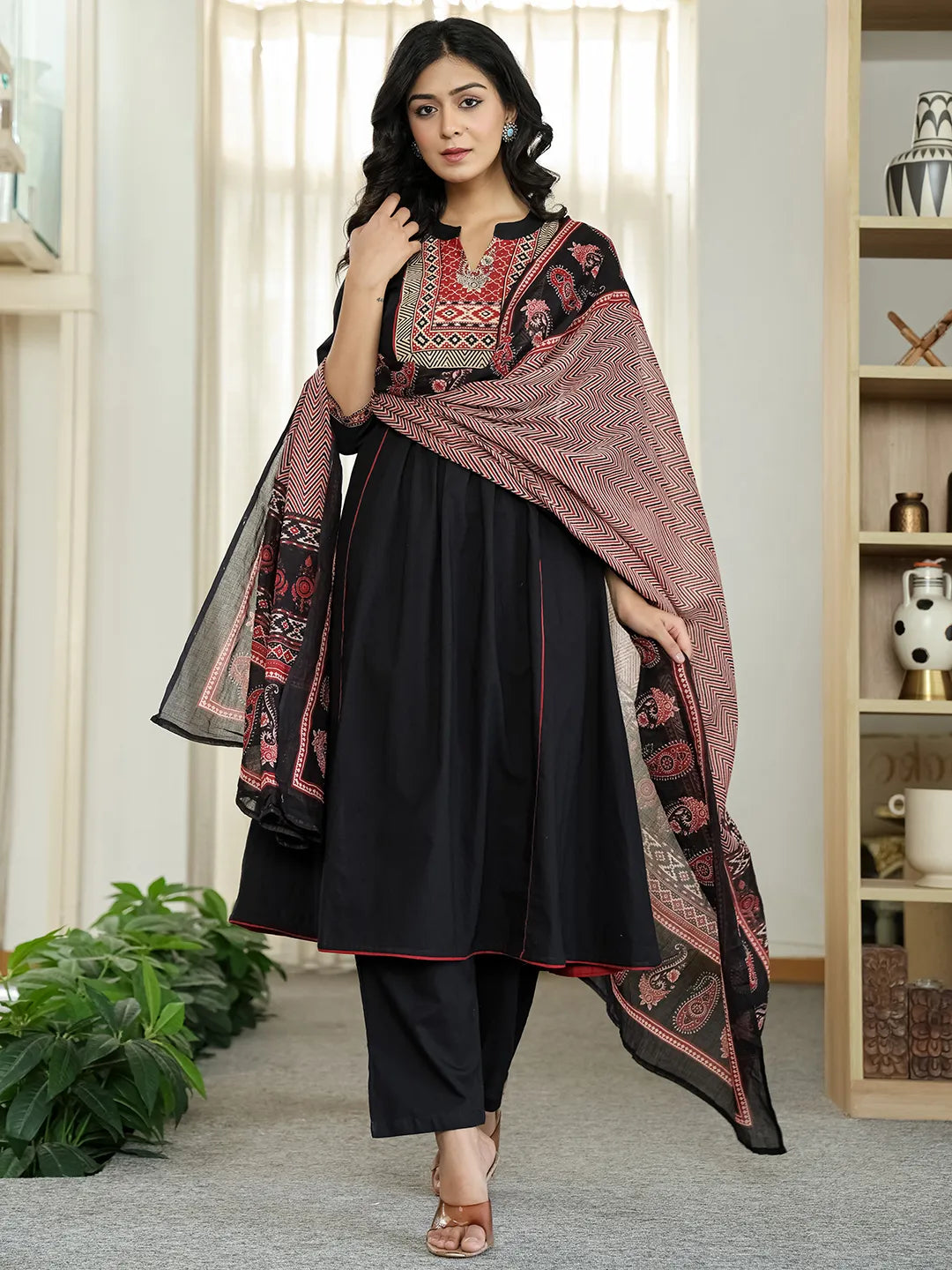 Black Cotton A Line Mandarin Collar Gathered Kurta Dupatta Set
