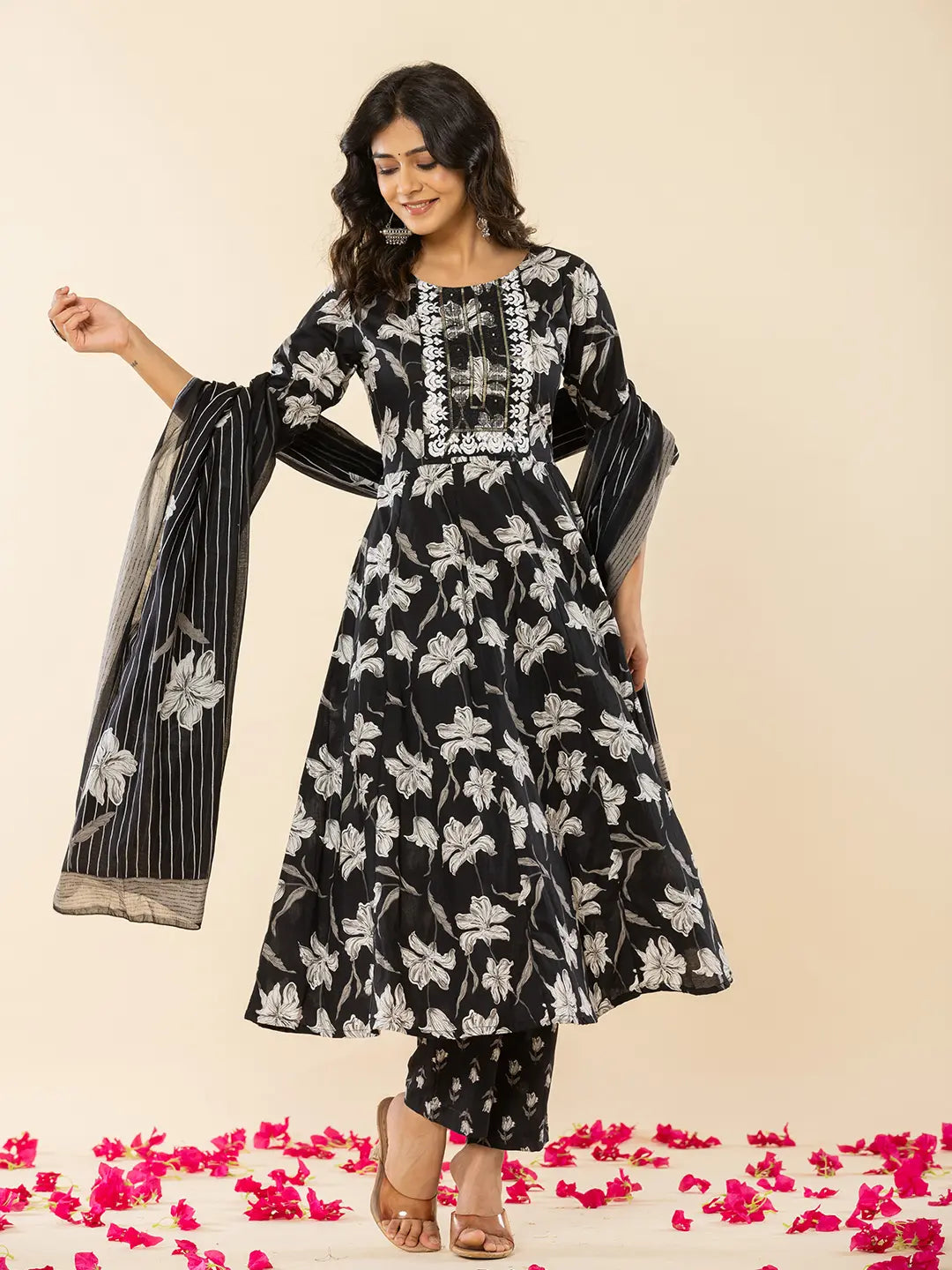 Black Cotton Sequins Work Anarkali Kurta Dupatta Pant Set