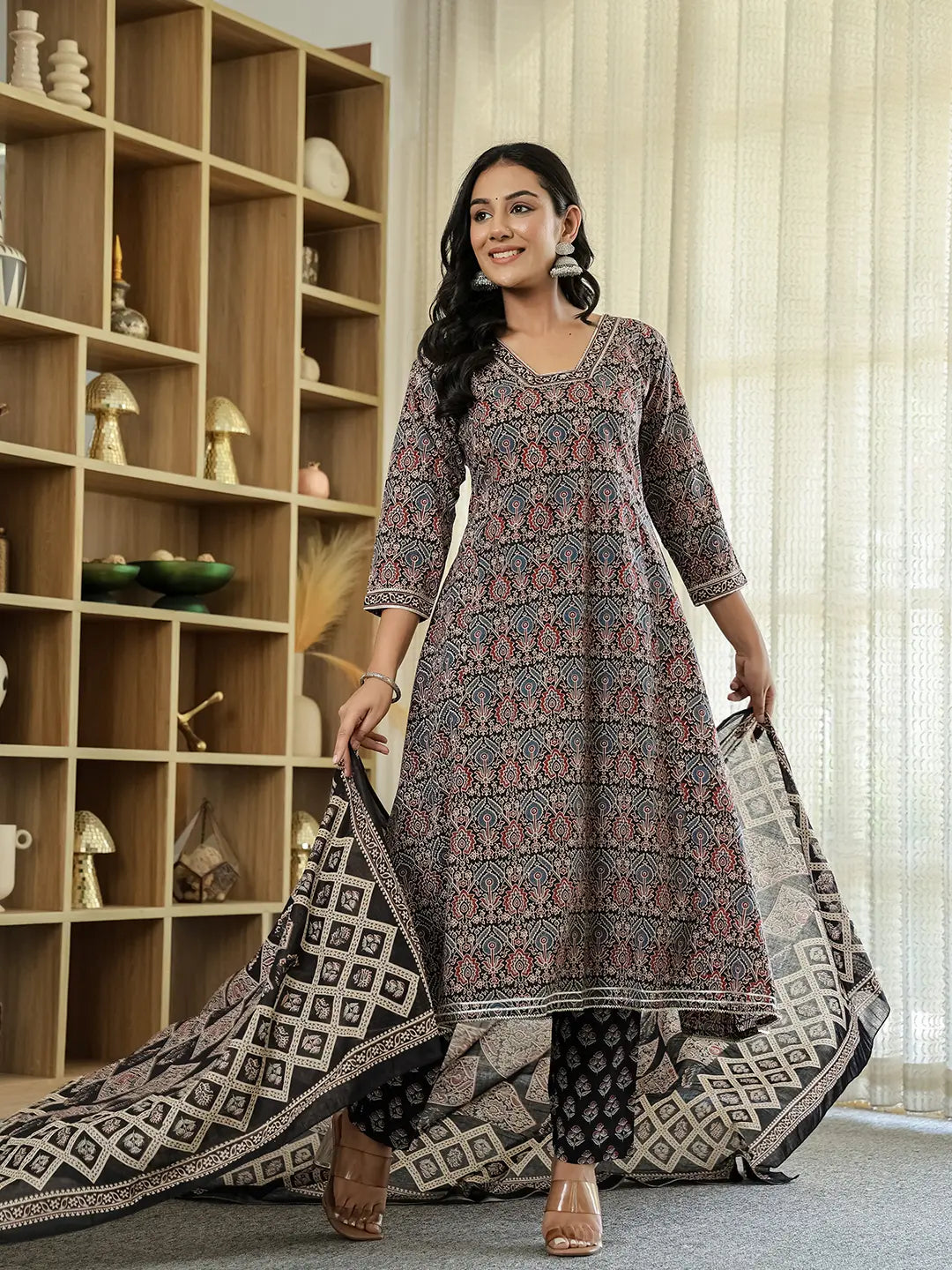 Black Ethnic Motifs A-Line Kurta Trouser Dupatta Set With Bucket Neck