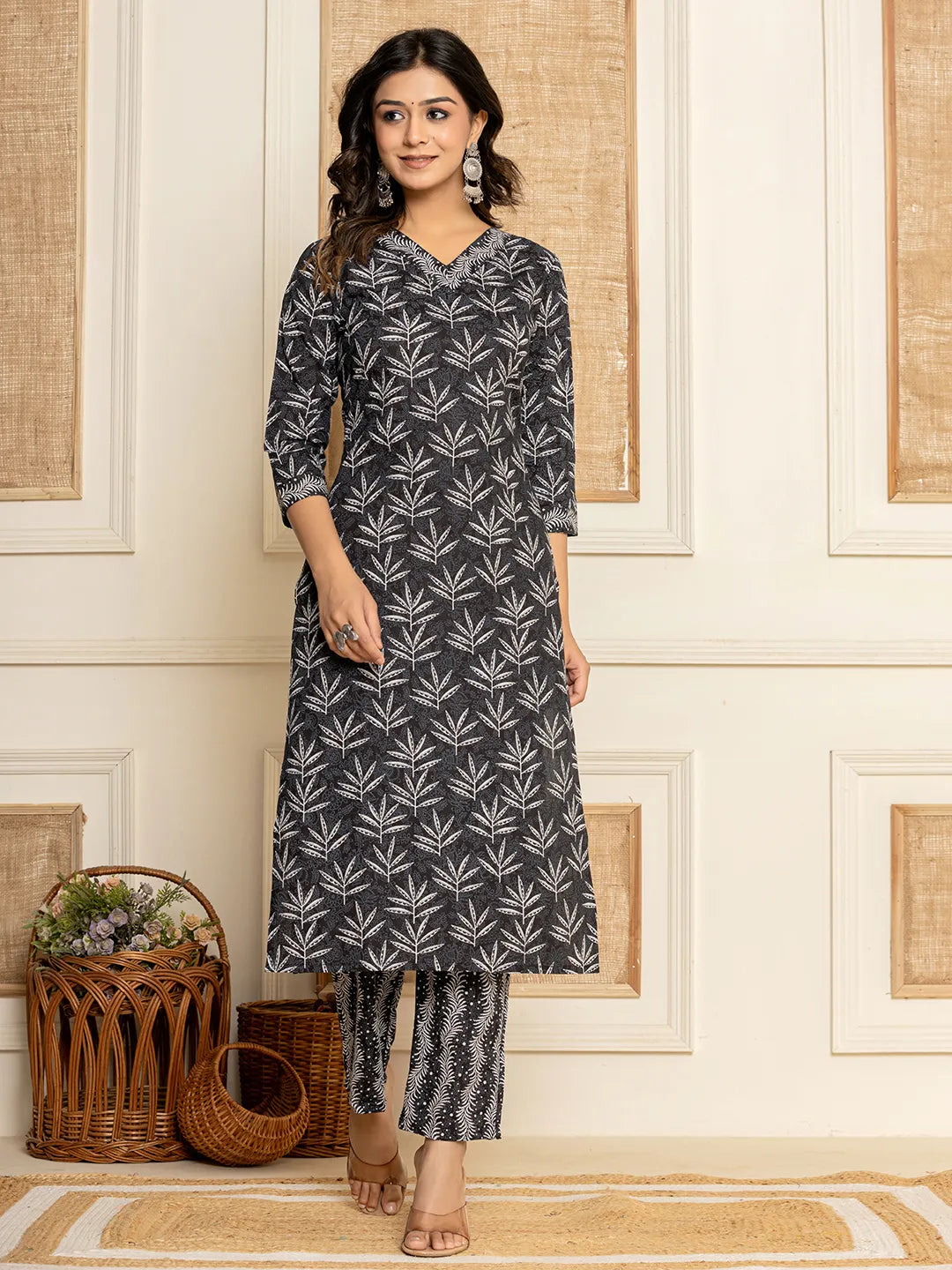 Black Floral Print Cotton Straight Kurta And Trousers With Dupatta Set