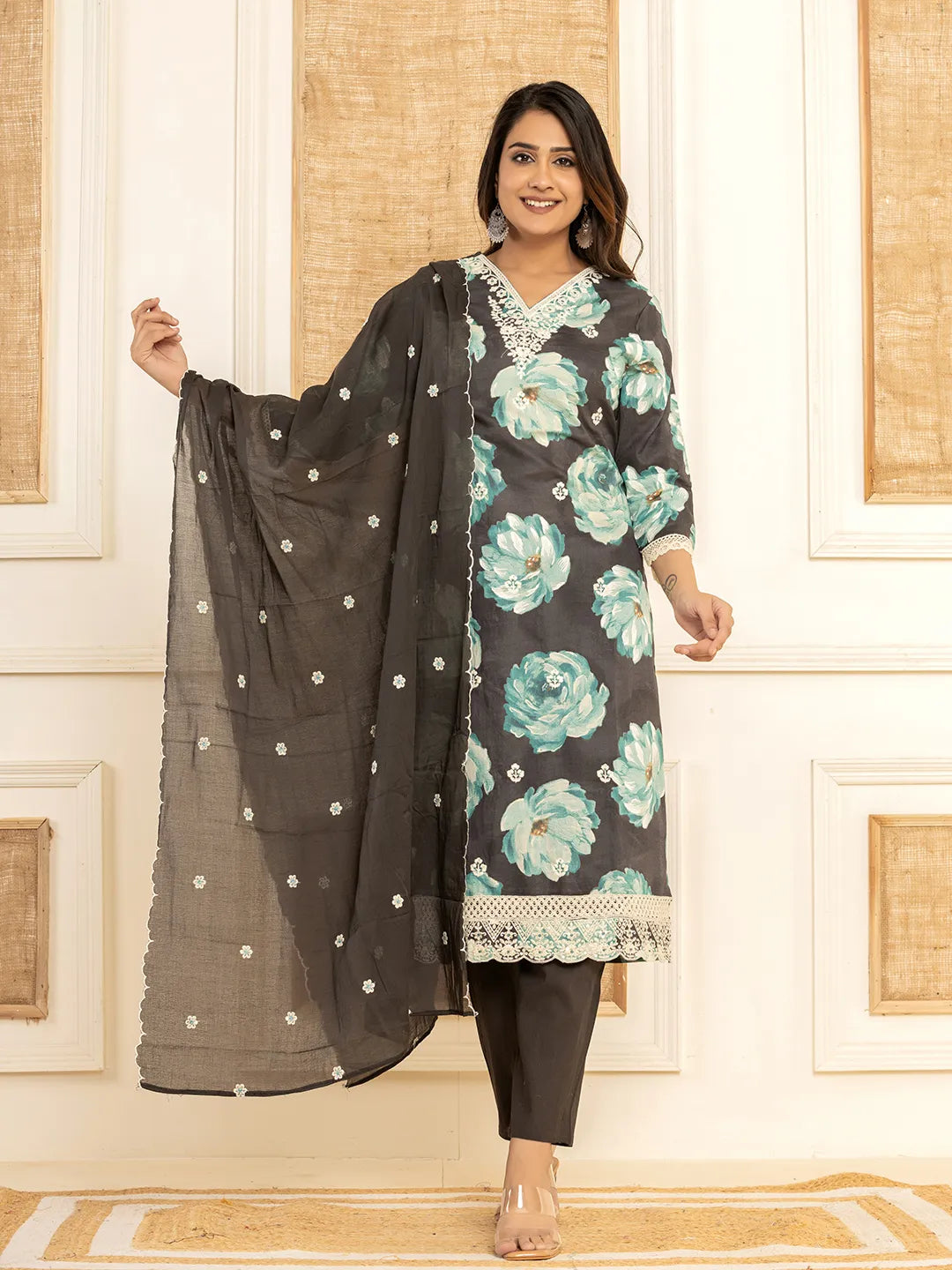 Black Floral Print Cotton Straight Side Slits Kurta And Trouser With Dupatta Set