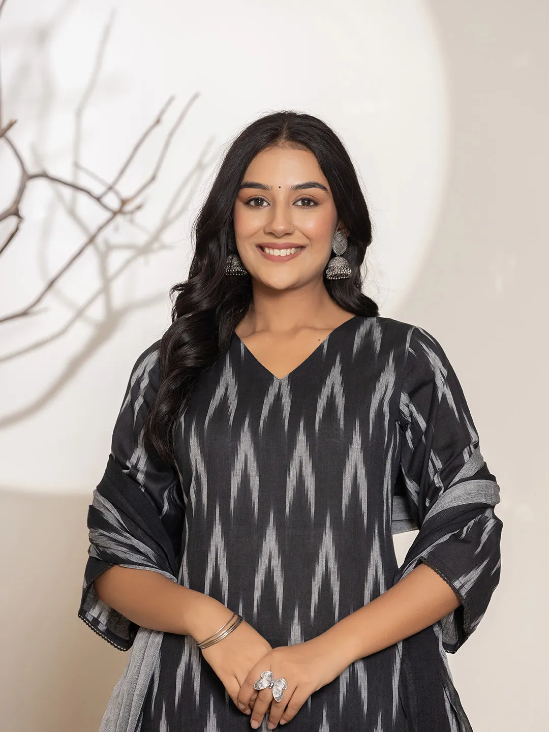 Black Ikat Print Cotton Straight Kurta Dupatta Set