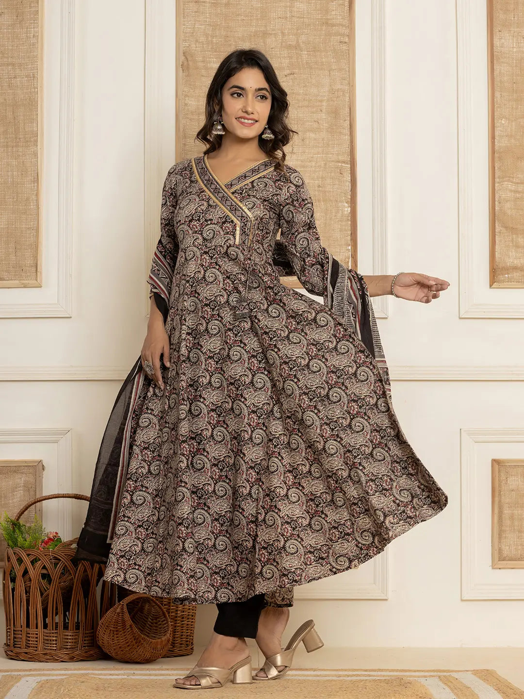Black Paisley Print Anarkali Style Kurta And Trousers With Dupatta Set