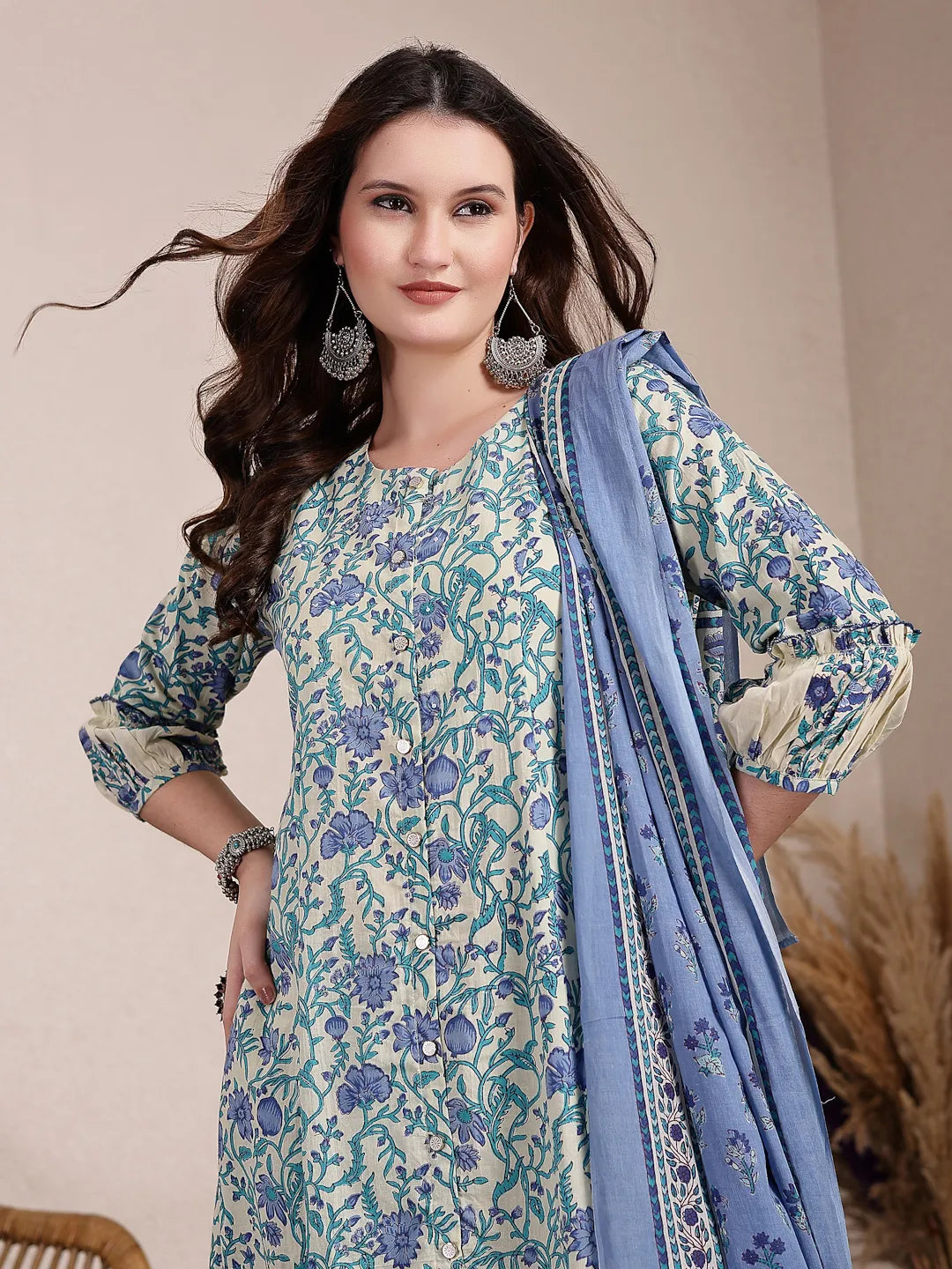 Blue And Beige Pure Cotton Floral Print Tiered Kurta Dupatta Set